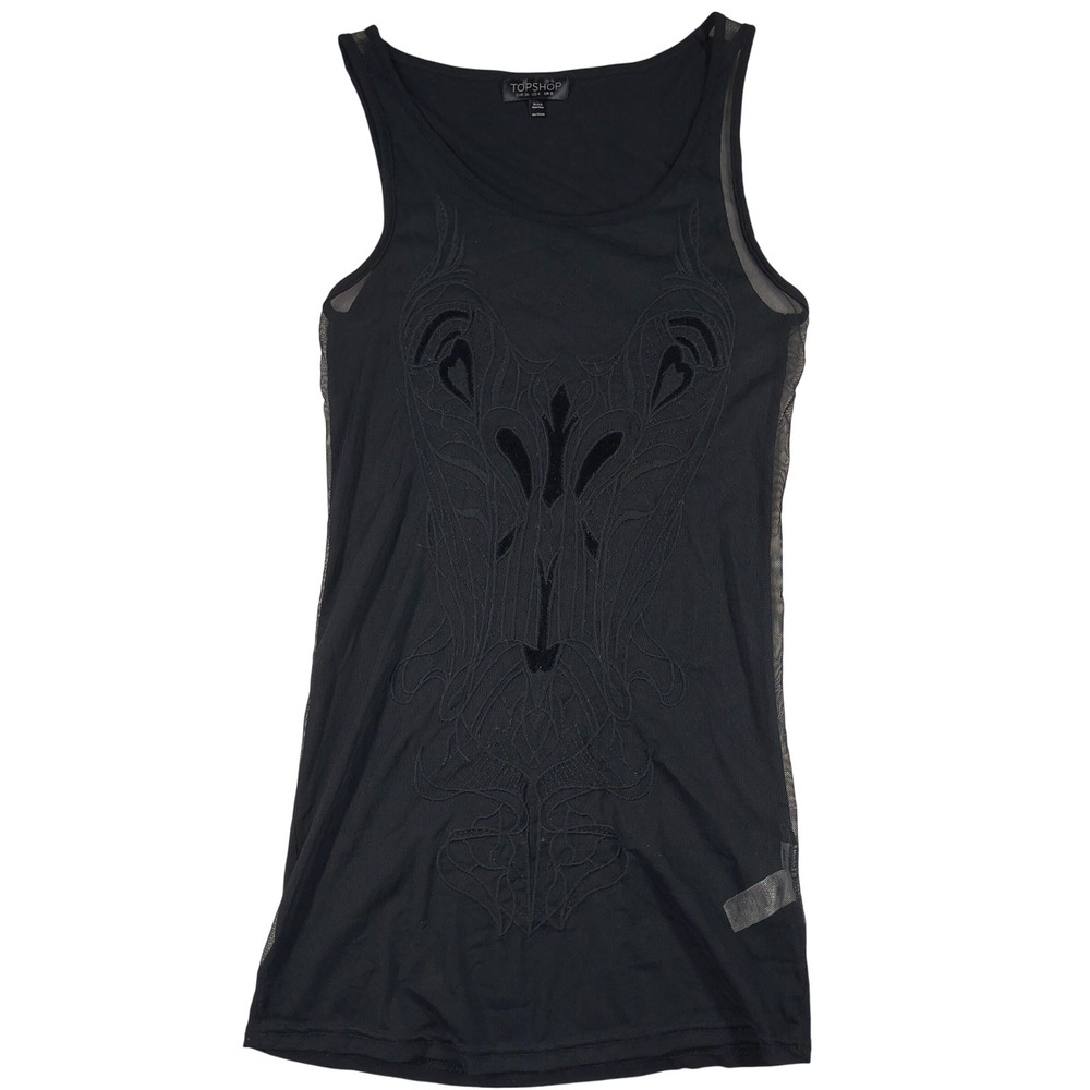 Topshop Black Tank‎ Top Sheer Mesh Velvet Embroidered Gothic Chic Festival Shirt